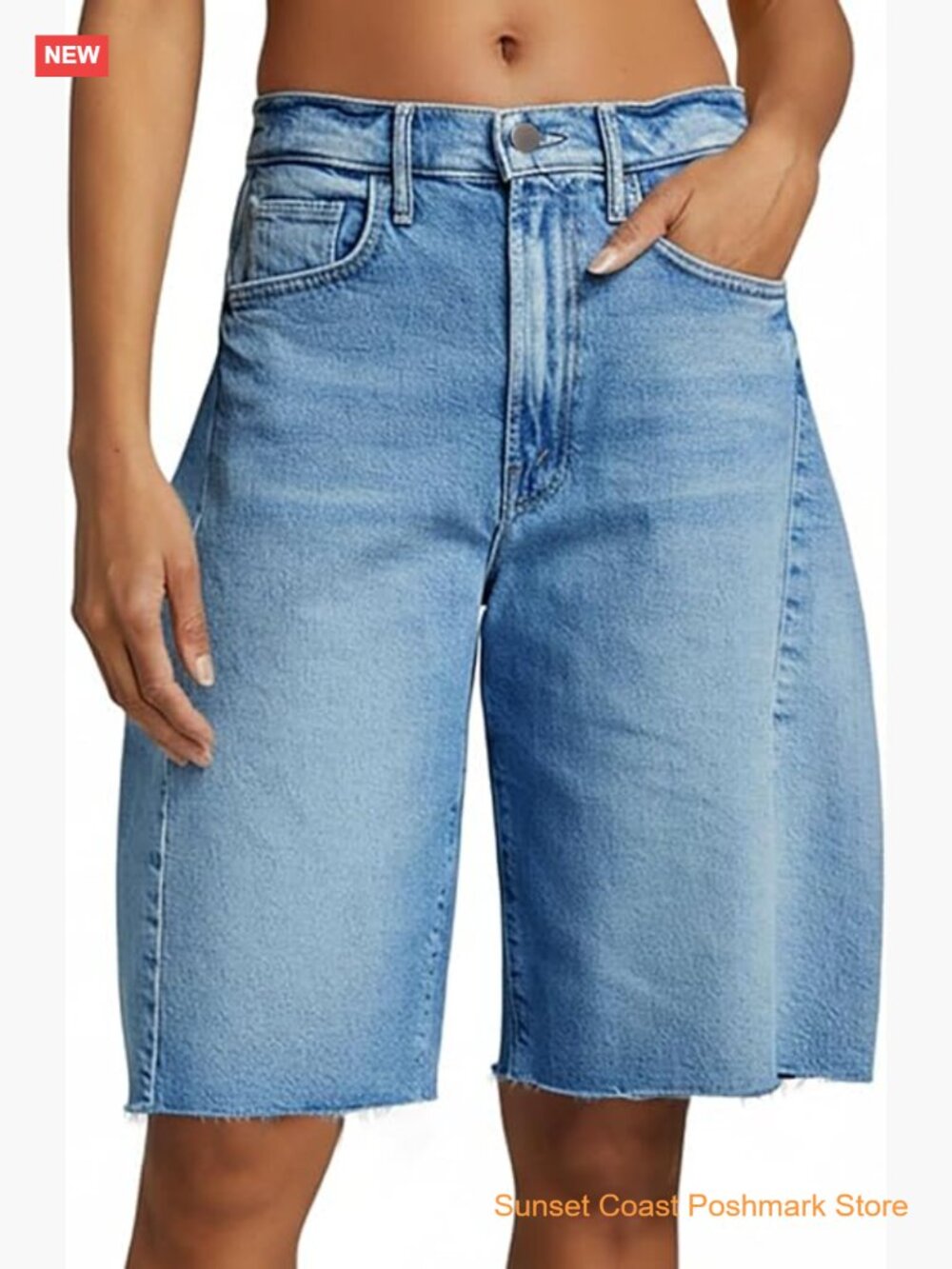 High Waisted Wide Leg Bermuda Jean Shorts with Pockets